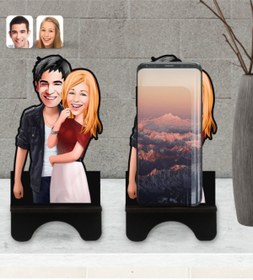 Resim Bk Gift Kişiye Özel Sevgililer Karikatürlü Ahşap Biblo Telefon Standı-90 