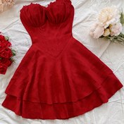 Resim Kadınlar İçin Seksi Askısız Asimetrik Etekli Mini Kısa Kıyafet - Romantik Kırmızı Büzgülü Vücuda Oturan Yazlık Parti ve Gece Giyimi, Makinede Yıkanabilir 