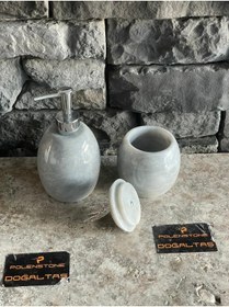 Resim Polen Stone Elips Model Mermer Sıvı Sabunluk Ve Kapaklı Pamukluk 2'li Set 