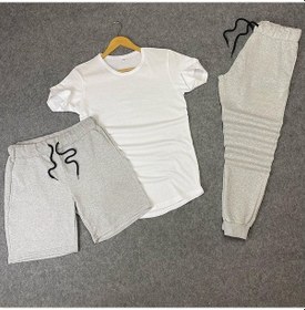 Resim 3'lü Slim Fit Unisex Tshirt - Şort - Eşofman Kombin Gri-beyaz Düz Gri - Beyaz 