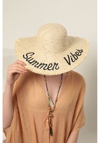 Resim Bej Summer Vibes Yazılı Hasır Şapka Bej 