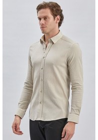 Resim İmza Erkek Uzun Kollu Biritli Yaka Biyeli Likralı Casual Slim Fit Dar Kesim Gömlek 1004240232-bej Bej 