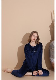 Resim Lukitus Kadife Uzun Kol Kadın Pijama Takımı Lacivert 