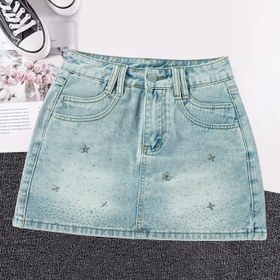 Resim Kadınlar İçin Açık Mavi Yüksek Bel A Kesim Denim Etek - Kısa Bel Kemerli, Parıltılı Su Yıkama Jeans Görünümü, Yazlık Gündelikten Şık Kısa Etek (Makinede Yıkanabilir) Jeans Ceketsiz Kombinler İçin - Vücuda Oturan Kesim 
