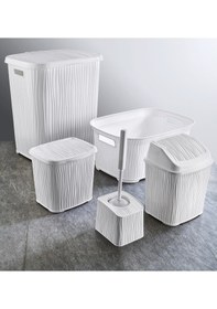 Resim Dalgalı 5 Parça Banyo Seti Kirli Çamaşır Sepeti Deterjanlık Çöp K Beyaz 