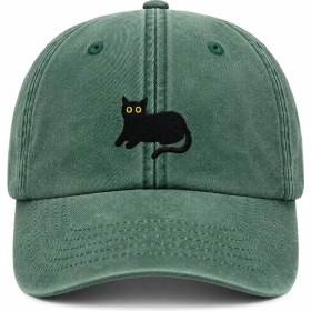 Resim Kara Kedi Nakışlı Vintage Yıkamalı Beyzbol Şapkası 