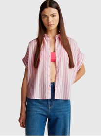 Resim United Colors of Benetton Kadın Pembe Keten Karışımlı Çizgili Kimono Kol Gömlek 