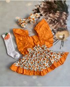 Resim Mini Kids Baby Kız Bebek Turuncu Portakal Desenli Salopet Çorap Bandana Set 