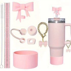 Resim 9 adet Kupa Aksesuar Seti, 40oz/30oz Kupa için, 2 adet Glitter Pipet ve 1 adet Fırça, 1 adet Yay Pipet Kapak, 3 adet Dökülme Önleyici Tıkaç, 1 adet Silikon Bot, 1 adet Yay Kolye Zinciri, Açık Hava Aktiviteleri için Mükemmel 