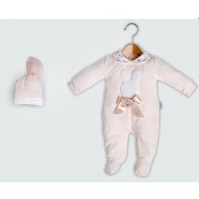 Resim Lamato Baby Süzine Tavşan Nakışlı Şapkalı Kadife Bebe Kız Tulum SOMON 
