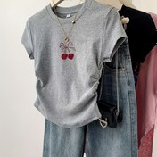 Resim Kiraz Desenli Yuvarlak Yaka T-Shirt, Bahar ve Yaz Için Rahat Lastikli Kısa Kollu T-Shirt, Kadın Giyim 
