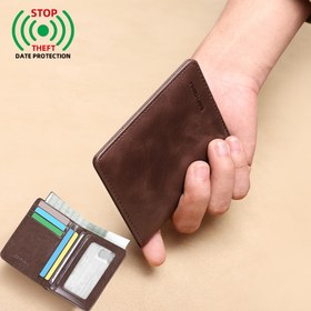 Resim ANYANU Vintage Gerçek Deri Erkek Cüzdanı - İnce RFID Engelleme, Üst Katman İnek Derisi, Kredi & Banka Kartları için Güvenli Çıtçıt Kapatmalı Çok Kartlı Cüzdan 
