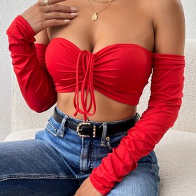 Resim Kordonlu Ön Askılı Crop T-shirt, Seksi Kıvrımlı Uzun Kollu Gece Kulübü Üstü, Kadın Giyim 