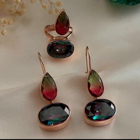 Resim 925 Ayar Gümüş Mistik Topaz Turmalin Yüzük Küpe Set 