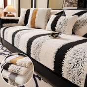 Resim Tüm mevsimlere uygun, kalın kısa peluş bir kanepe örtüsü olan, yumuşak dokulu, kaymaz ve evcil hayvan dostu, minimalist tasarıma sahip, oturma odası, yatak odası ve ofis dekoru için ideal, 1 adet çift renkli jakar çizgili kanepe yastığı, yıkanabilir ve bakımı kolay. 