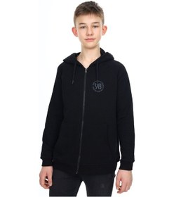 Resim Toontoy Erkek Çocuk Kapüşonlu Fermuarlı Cepli Düşük Omuz Baskılı Reglan Kol Örme Hırka - 3 İplik Şardonsuz Siyah 