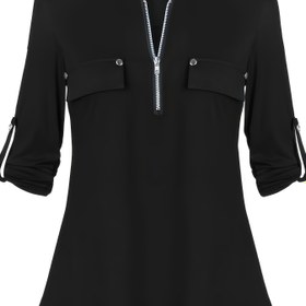 Resim Kadınlar İçin 3/4 Kol Aylak Kemerli Çalışma Tunik Üstü, İş Casual Üst, İ Ofis Giyim, Dönüşlü Kol Bluzu, Ku 