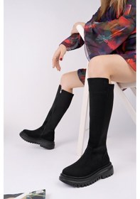 Resim Muggo Diasa Süet Kalın Taban Streç Detaylı Fermuarlı Kadın Çizme Sıyah Suet 