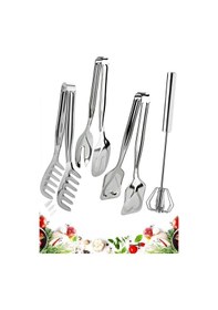 Resim 4 Parça Çelik Makarna Maşası, Salata Maşası, Pasta Maşası, Otomatik Çırpıcı Seti Mutfak Seti Gri 