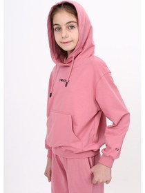 Resim Toontoy Kız Çocuk Oversize Kapüşonlu Cepli Düşük Omuz Baskılı Sweatshirt - 2 İplik Gülkurusu 