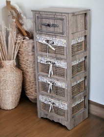 Resim Ahşap 5 Çekmeceli Hasır Görünümlü Sebzelik Rustik 