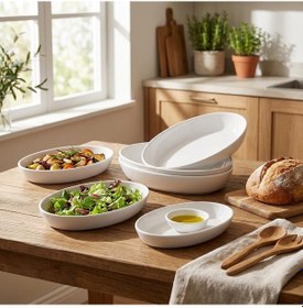 Resim 3'lü Porselen Büyük Boy Kayık Tabak Seti - Minimalist Beyaz Sunum Tabağı Çukur Mezelik Kahvaltılık Ve Servis Tabağı 19 X 12 X 3.5 Cm Açık 