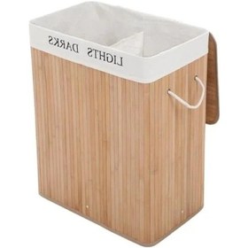 Resim Katlanabilir Doğal Bambu Çamaşır Sepeti, 2 Bölmeli Açık Ahşap 