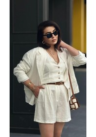 Resim Ekru %100 Ham Keten Şort Ekru 