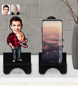 Resim Bk Gift Kişiye Özel Baba Oğul Karikatürlü Ahşap Biblo Telefon Standı-3 