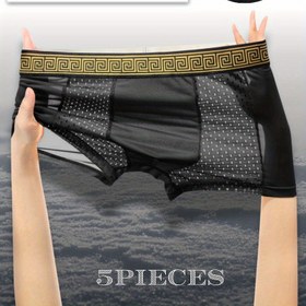 Resim 5'li Erkek Buzlu Cazibe Moda Siyah Altın Kontrast Renk Lüks Tasarımcı Yepyeni Serin Rahat Boxer Külot, File Yama Nefes Alabilir Rahat Esnek Şortlar, Erkekler İçin Günlük Düz Renk İç Çamaşırı Siyah Derin Gri Açık Gri 