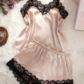Resim Plus Beden Kadın Pijama Takımı, Elbise ve Şortlu Kontrast Dantel Detaylı Tek Renk 