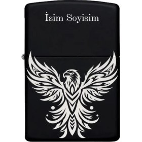 Resim Neo Hediye Kartal Figürlü Kişiye Özel Isimli Benzinli Siyah Metal Çakmak 