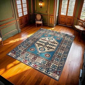 Resim Mavi Madalyon Modern Geometrik Etnik Eskitme Desenli Boho Makinada Yıkanabilir Hafif Hav Toz Vermez Leke Tutmaz Kaymaz Taban Dijital Makine Baskı Halı Oturma Odası Salon Yolluk Koridor Mutfak Halısı 
