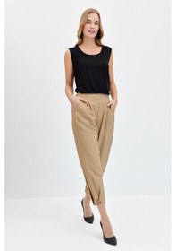 Resim Kadın Geniş Kemerli Paçası Düğmeli Keten Pantolon Camel Camel 