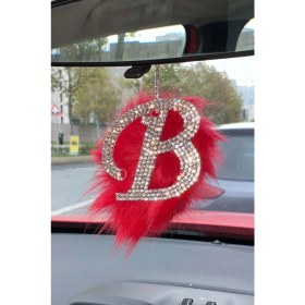 Resim Swarovski Gümüş Taşlı Dikiz Ayna Kolye Süsü Kırmızı Tüylü B Harfi 