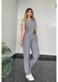 Resim Tane Tasarım Kadın Gabardin Kumaş Alt Üst Takım Yelekli Takım Gri Gri 