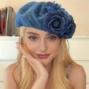 Resim Kadınlar için Sonbahar Kış Benzersiz Renk Bloklu 3D Çiçekli kot Bere Şapka, Trendy Moda Yüz İnceltici Kabarık Sanatçı Kapağı 