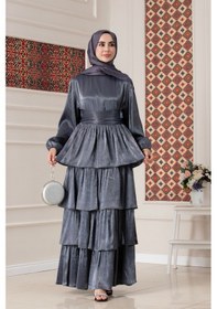 Resim Kat Detaylı Beli Kemerli Alina Tesettür Abiye-lacivert-5749 