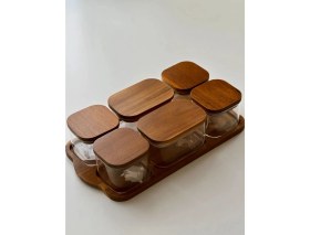 Resim Bienca 6’lı Akasya Kapaklı Cam Kahvaltılık Seti – Ahşap Tepsili Cam Saklama Kabı, 4X240 ml & 2X480 ml Kahvaltı Sunum Seti 