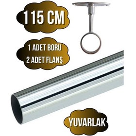 Resim Metal Yuvarlak Krom Mobilya Dolap Askı Borusu 115cm 2 Adet Ayaklı Açık Flanş-1 Adet Boru Çap:25mm Gri 