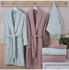 Resim Hobby Line %100 Saf Pamuk Aile Bornoz Seti-su Yeşili K.bej 