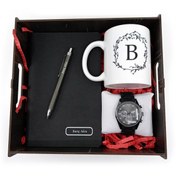 Resim Yaprak Hediyelik Kişiye Özel Ahşap Kutulu Ajanda Kupa Kalem Saat Hediye Seti 