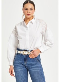 Resim Serpil Exclusive Kadın Nakış Detaylı Pamuk Gömlek Düğmeli, Uzun Kollu, %100 Cotton Beyaz 
