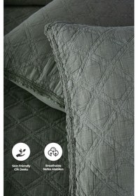 Resim Evlen Home %100 Pamuk Çift Kişilik Özel Taş Yıkama Yatak Örtüsü Barbara 3 Parça Yumuşak Modern Yeşil 