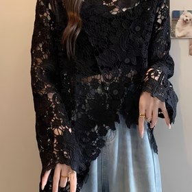 Resim Kadınlar için tüm mevsimler için şık siyah dantel üst - İnci kesim desenli kolsuz kazak, şık kolsuz üst|İnci desen|Sıkılmayan kumaş 