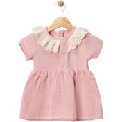 Resim Yaka Dantelli Elbise Pembe 