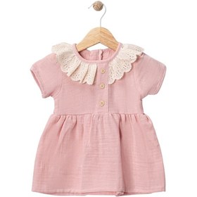 Resim Yaka Dantelli Elbise Pembe 