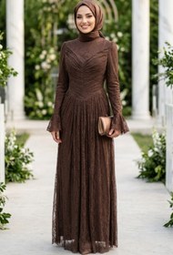 Resim N.S NEVA STYLE Dantelli Kahverengi Tesettür Abiye Elbise 56561KH 