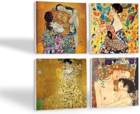Resim Gustav Klimt Yelpazeli Kadın, Bauer'in Portresi, Aile Kucaklama, Anne Çocuk Taş Bardak Altlığı Seti - 4 Parça - Dekoratif, Rustik Mutfak Aksesuarı, 10x10 cm, Kaydırmaz Tabanlı SC335 