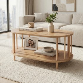 Resim tridihome Iskandinav Tarzı Masif Ahşap Oval Orta Sehpa Çift Katlı Raflı Salon Ofis Sehpası 50X90X43 cm 